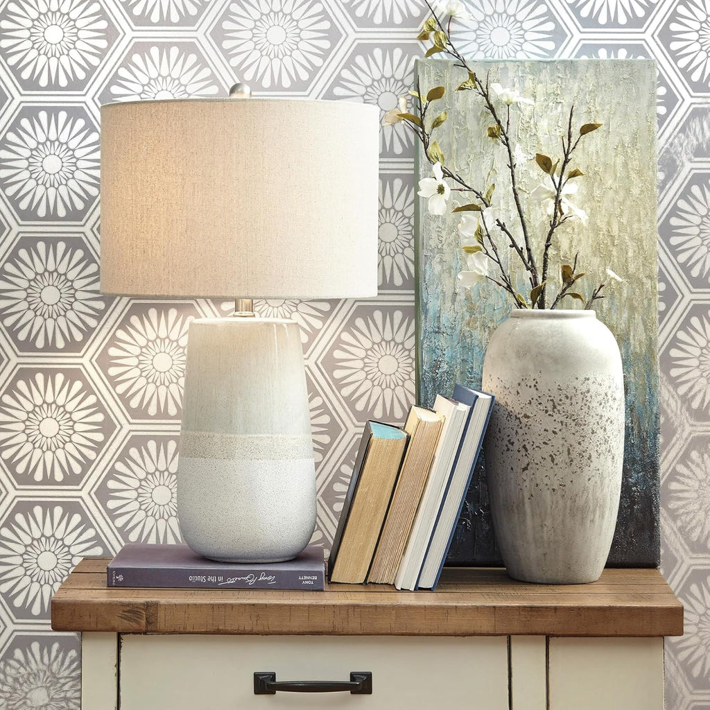 Signature Design by Ashley Shavon Contemporary 27" Textured Neutral Glaze Table Lamp, Beige & White