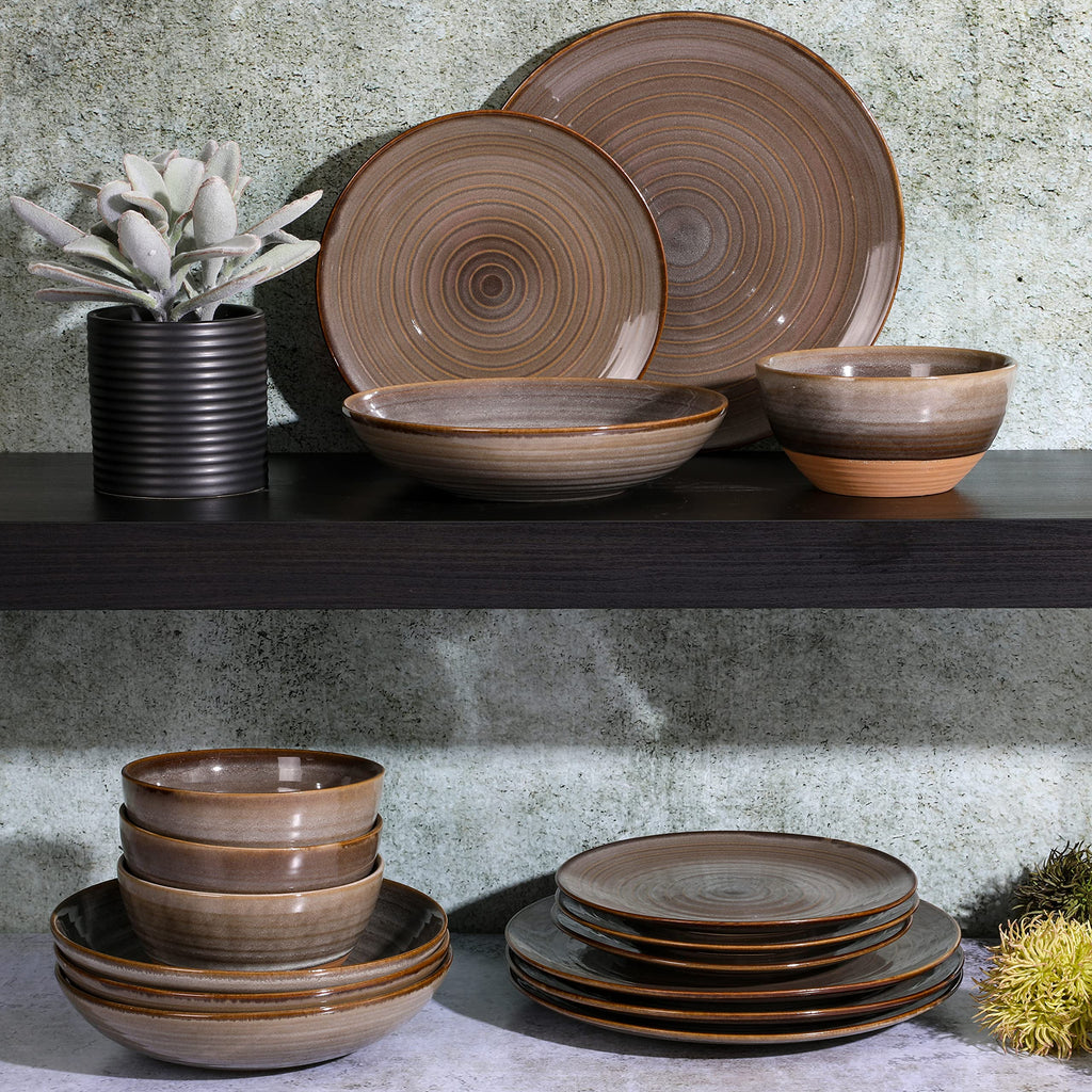 16 Piece Dreamweaver Double Bowl Terracotta Reactive Dinnerware Set - Earthy Brown, Service for 4 (16pcs)