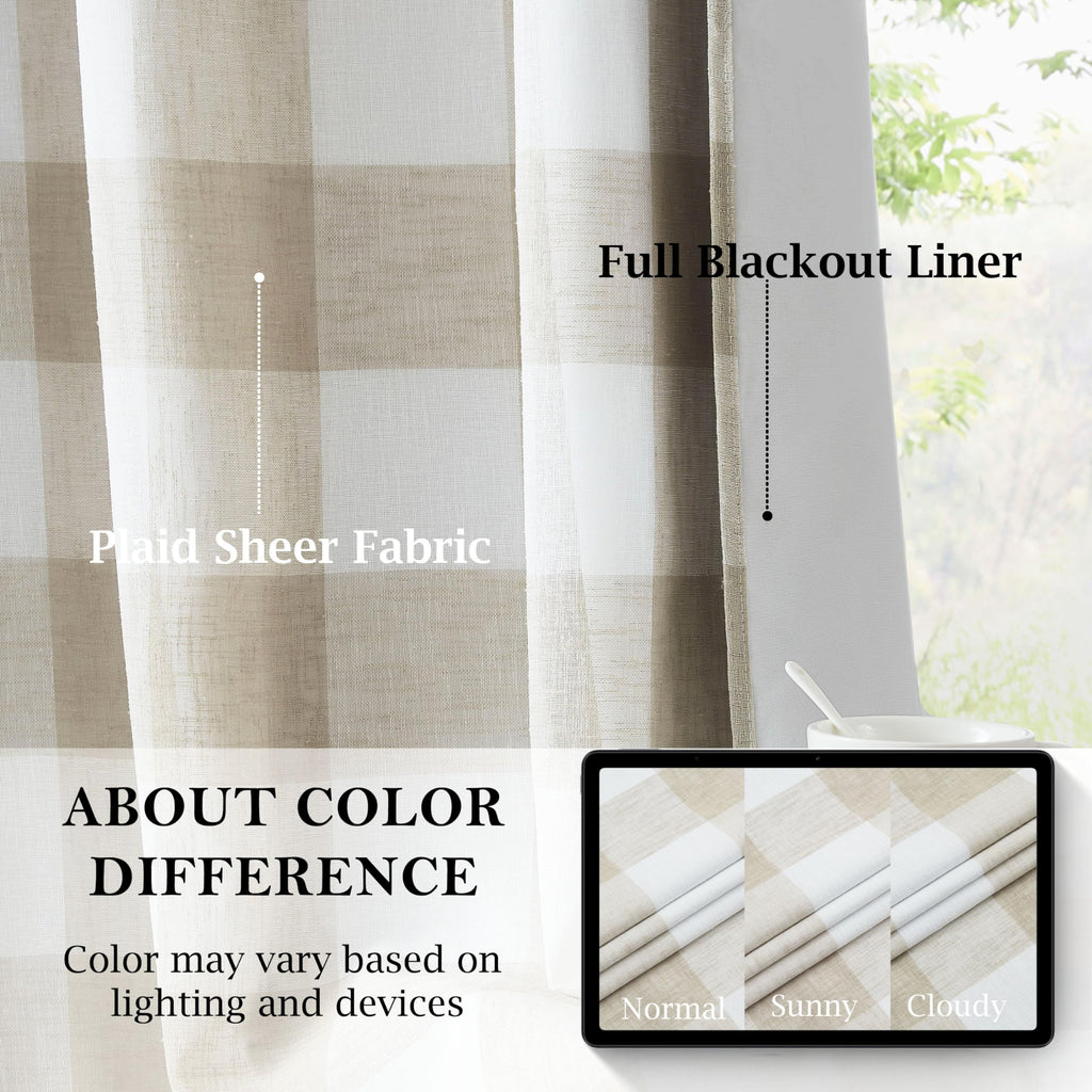 Buffalo Tan White Plaid Full Blackout Window Curtains 84 Inches Long