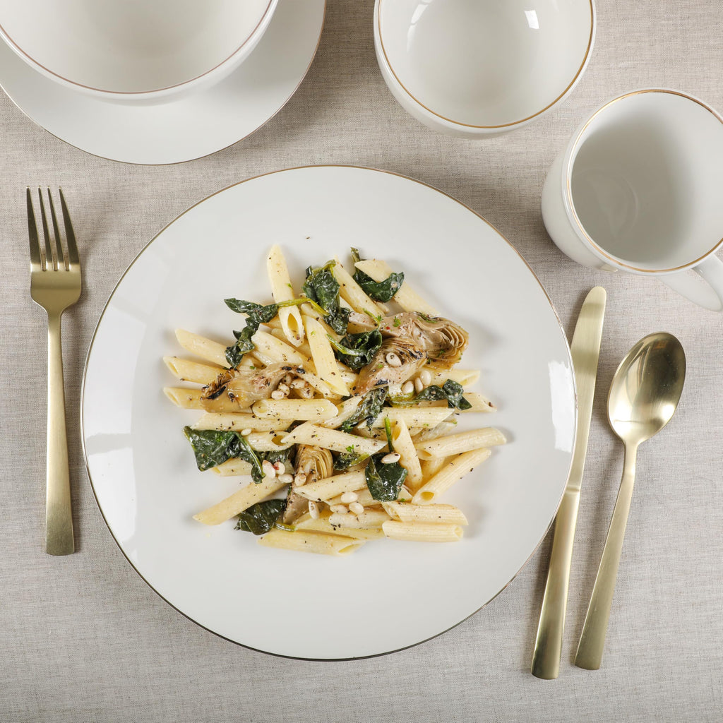 Ogalla 30 Piece Plates, Bowls, & Mugs Dinnerware Set - Service for 6 - White Porcelain W/Gold Band