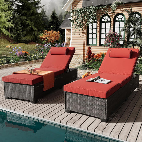 Outdoor PE Wicker Chaise Lounge Chairs, Set of 2, Brown Rattan, Modern Style, Adjustable Backrest