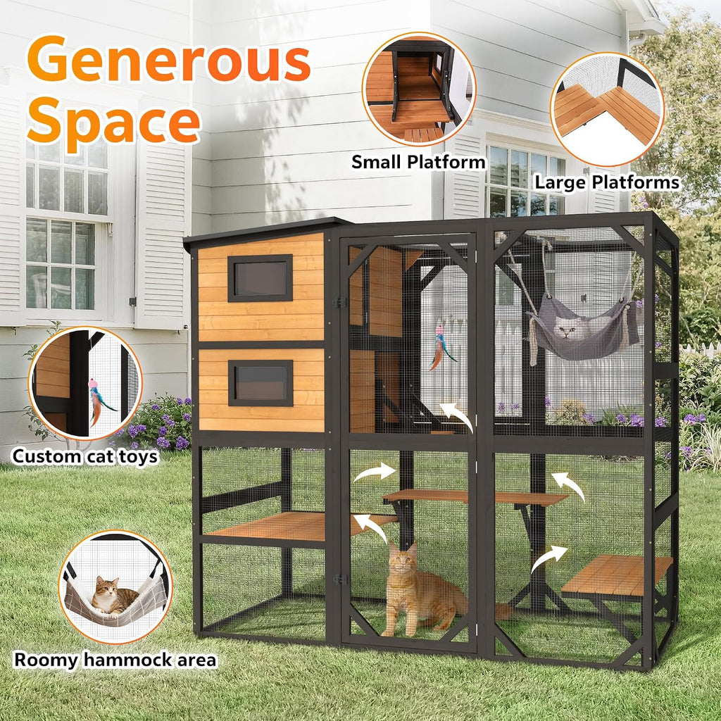 Oversized Catio Outdoor Cat Enclosure, Wooden 4 Tiers Cat Enclosures with Weatherproof Roof, Large Cat Patio Conect