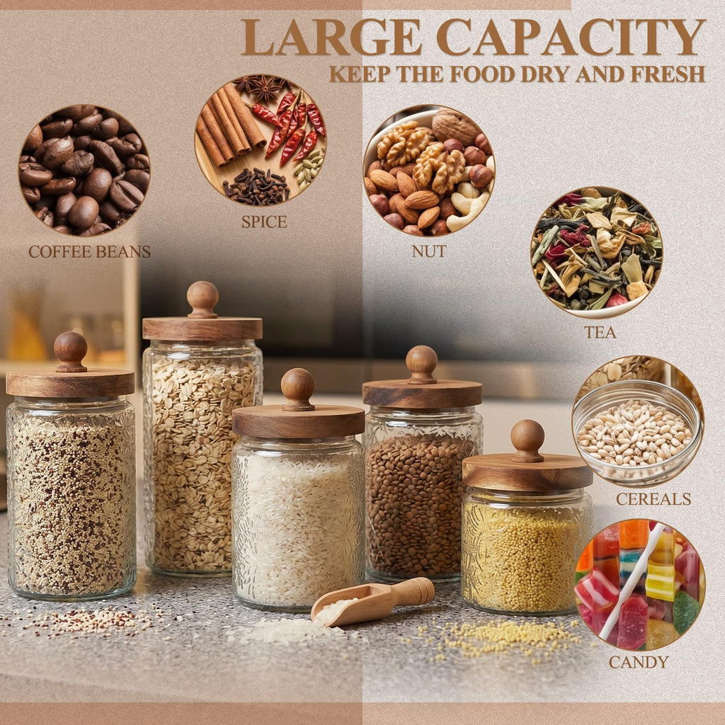 5 Pcs Vintage Glass Canisters Kitchen Glass with Lid, Transparent