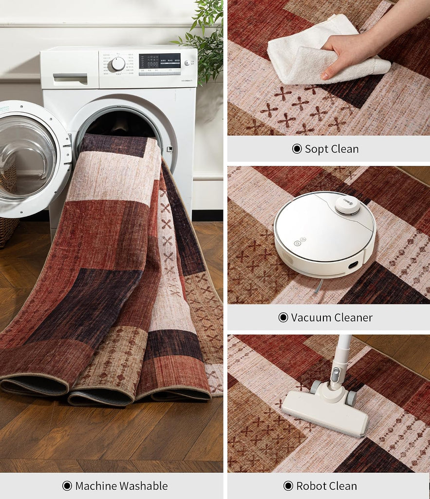 Modern Washable Area Rugs, Brown Geometric Patchwork Rug Non Slip, Large Southwestern Tribal Carpet for