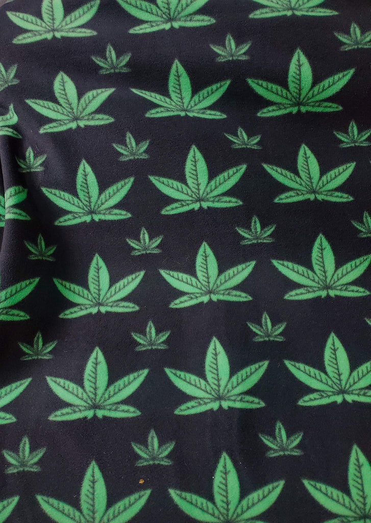 Marijuana Leaves Fleece Black/Green Leaves Sold by Yard