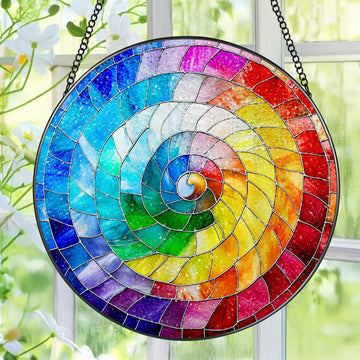 Stained Glass Window Hanging, 8 Inch Rainbow Spiral Stained Glass Suncatcher, Spiral Window Hanging Decor, Geometric