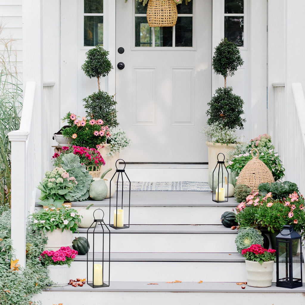Modern Farmhouse Lanterns, Set of 3 Black Metal Lanterns w/ 6hr Timer Flickering Flameless Candles, Decorative for