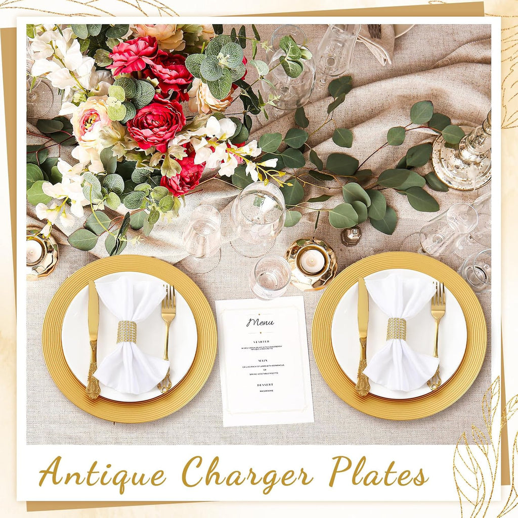 Gold Charger Plates Bulk 13 Inch Round Dinner Charger with Ring Pattern Reusable Plastic Wedding Elegant Plate - Set of 50