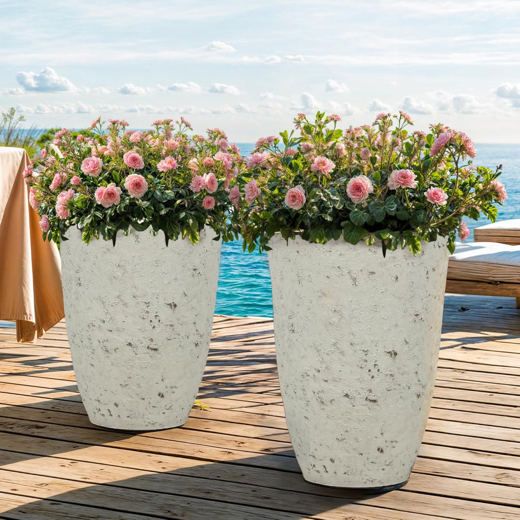 19.5" Resin Tall Planters for Outdoor Plants, Set of 2 Flower Pots | Country White Large Outdoor Planters With Birch