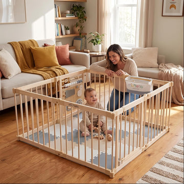 Baby Playpen, Wooden Playpen for Babies and Toddlers, Foldable Fence with Montessori Activity Panel, Storage Basket &