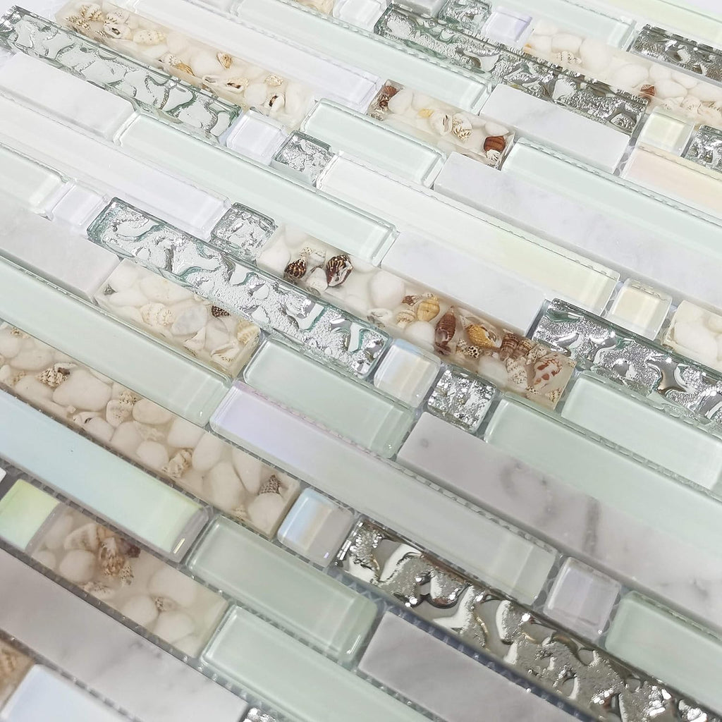 Beach Style Wall Tile Mosaic Kitchen Backsplash Green Bathroom Silver Glass Conch Stone White Marble Iridescent