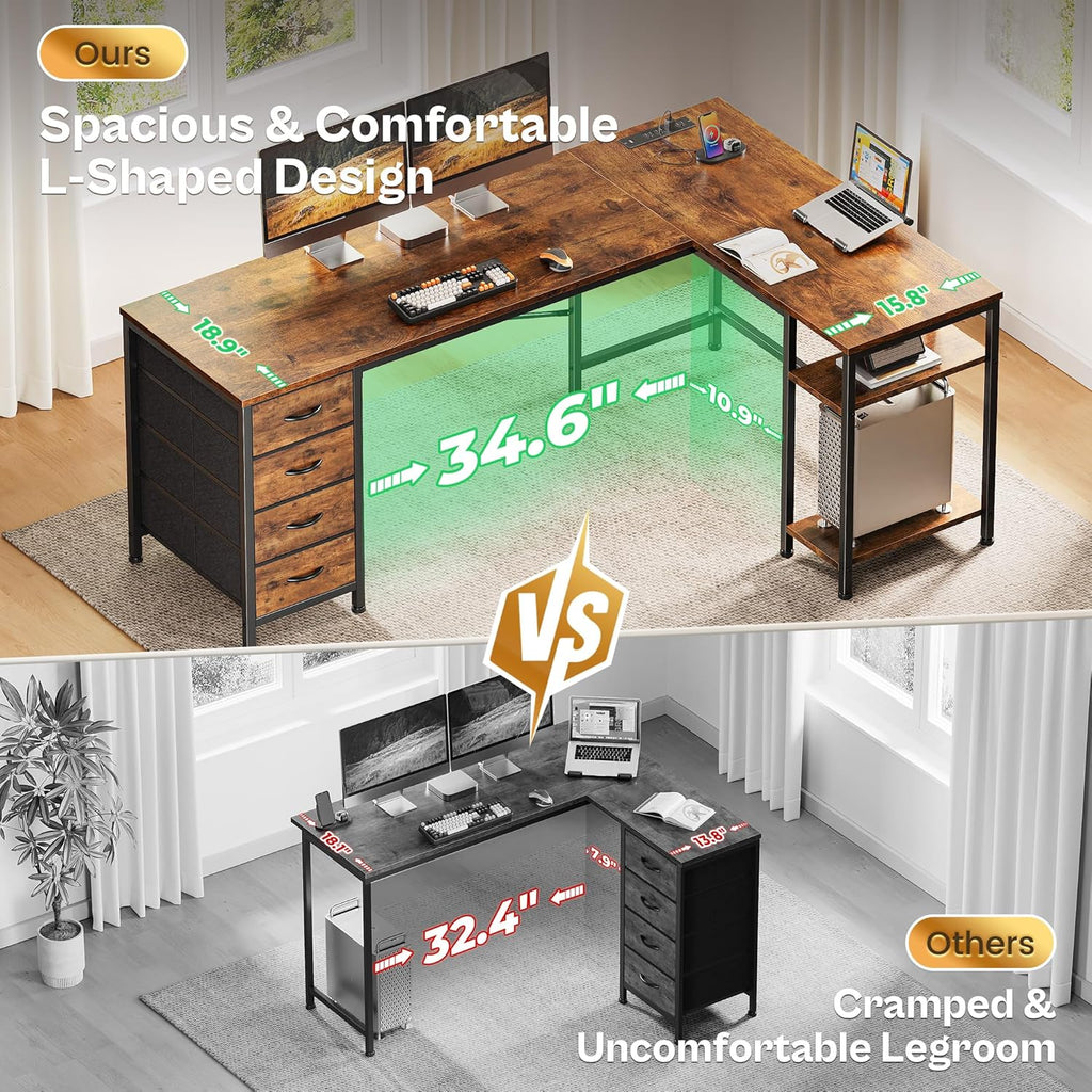 63 Inch L Shaped Desk with Fabric Drawers, Computer Office Desk with Power Outlets and USB-C Port