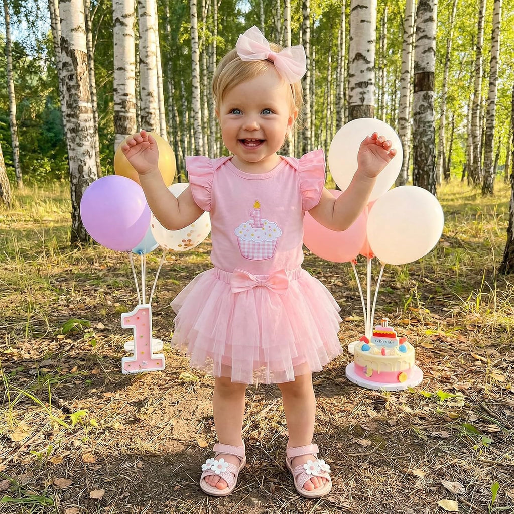 Infant Baby Girl First Birthday Outfit 1 Cake Short Sleeve Romper Bodysuit Mesh Tutu Skirt Headband Set