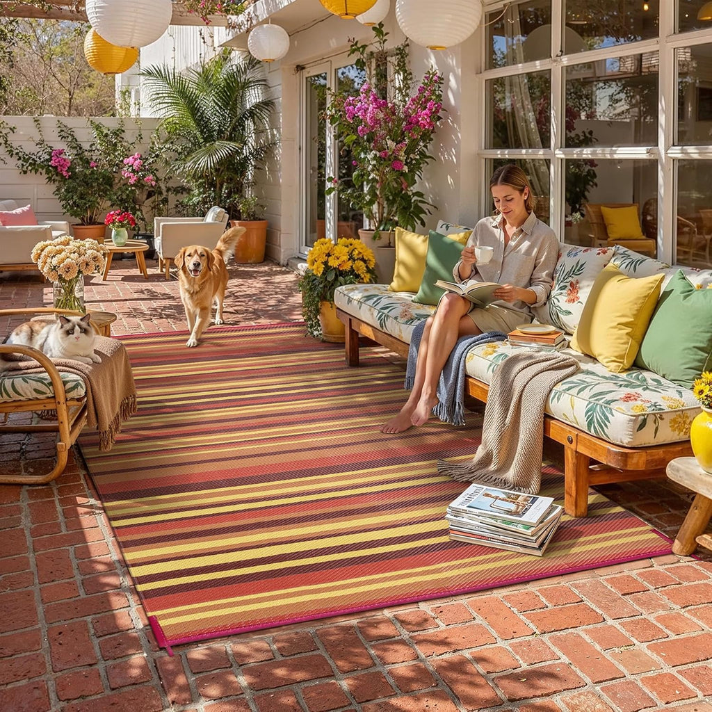 Outdoor Plastic Straw Rug Waterproof Patio 8x10 Red Orange Stripe Mat for Porch Camping RV Balcony D