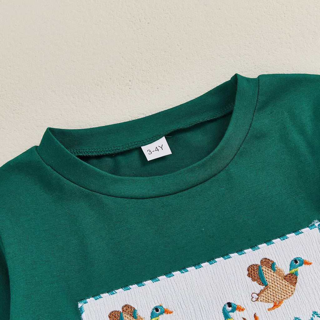 Toddler Baby Boy Hunting Outfit Long Sleeve Mallard Duck Sweatshirt T-shirt Gingham Pants Two Piece Smocked Clothes