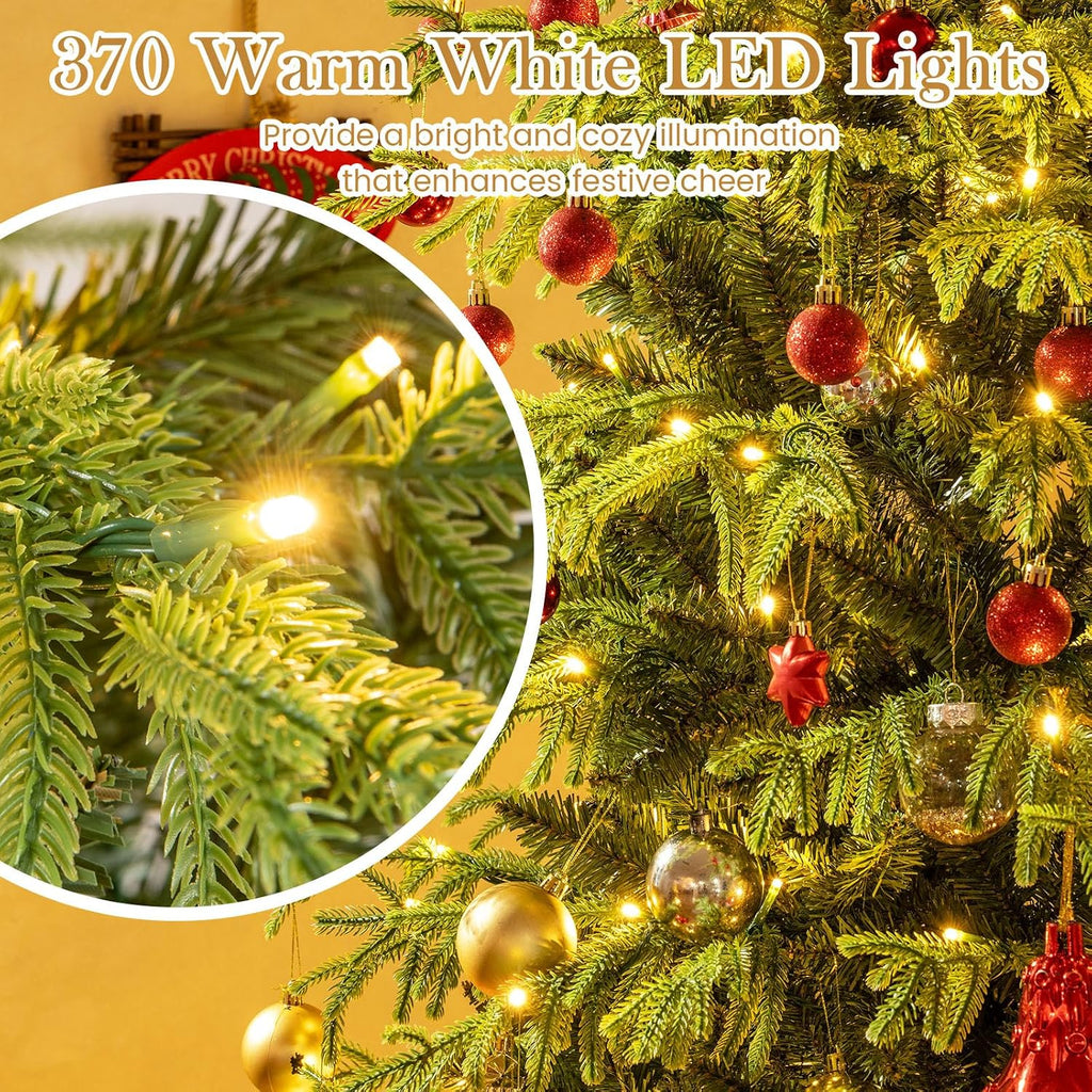 7 FT Pre-Lit Artificial Christmas Tree, Hinged Full Xmas Tree with 1090 PVC & Soft TPE Branch Tips, 370 Warm White