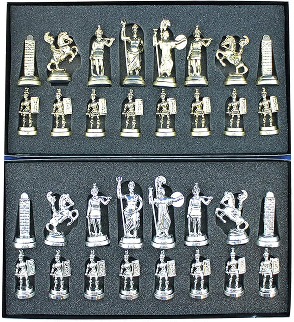 Historical Roman Figures Metal Chess Set for Adults, Handmade Pieces and Mosaic Design Wooden Chess Board King 2.8 inc
