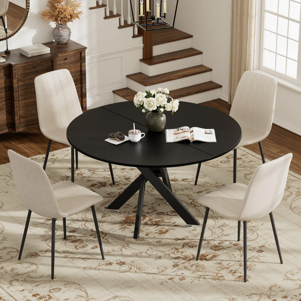 47" Modern Round Kitchen Table for 2-6, Save Space Black Wooden Circle Dining Table with Wooden Table Top &