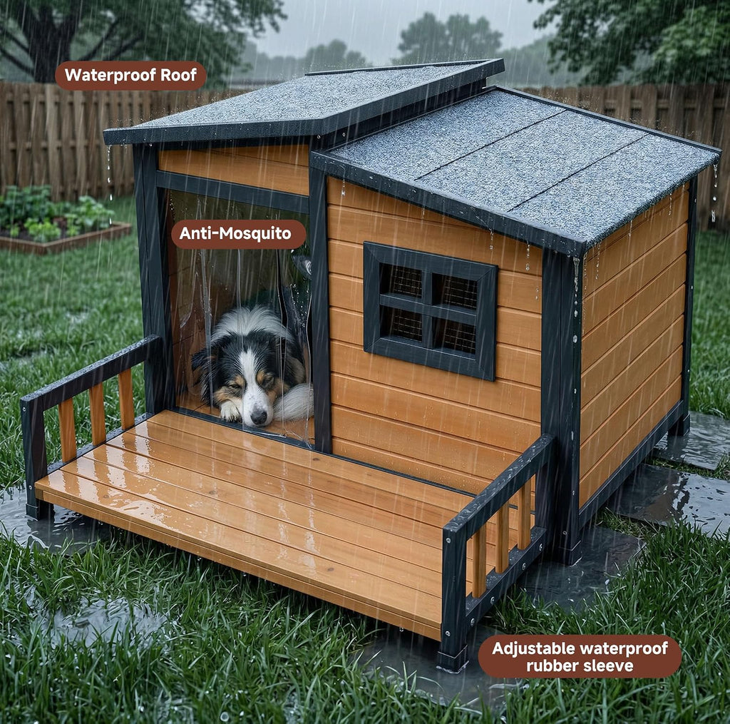 Insulated Outdoor Dog House for Small and Medium-Sized Dogs, Weatherproof Wooden Shelter with Elevated Floor &