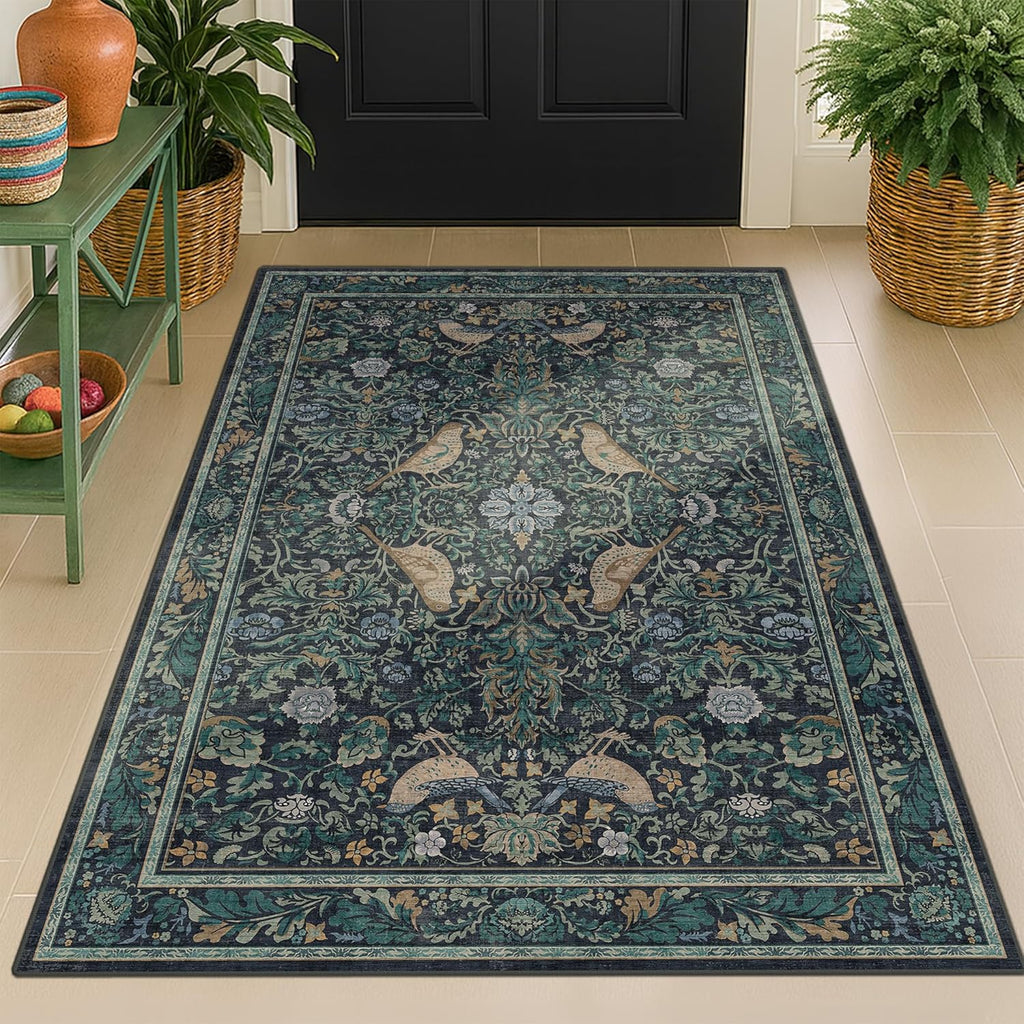 Vintage Large Entryway Rugs Indoor, 3x5 Washable Blue and Green Floral Rugs