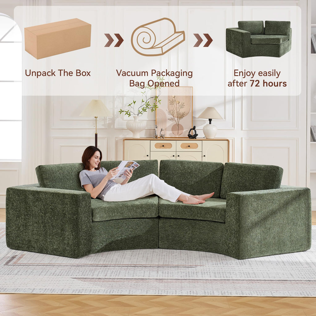 119'' Curved Round Boneless, Oversized Modular Sectional with Deep Seat & Arms, Chenille Memory Foam with Pillows