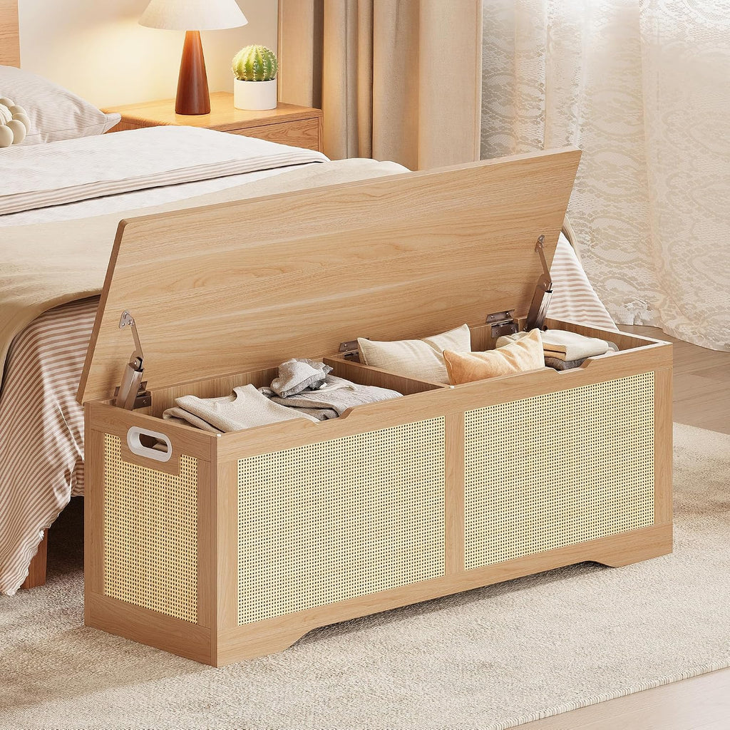 47.2" Rattan Storage Ottoman Bench Chest, Rustic Wood | Vintage brown rattan and wood frame; 330 lb support and 47.2