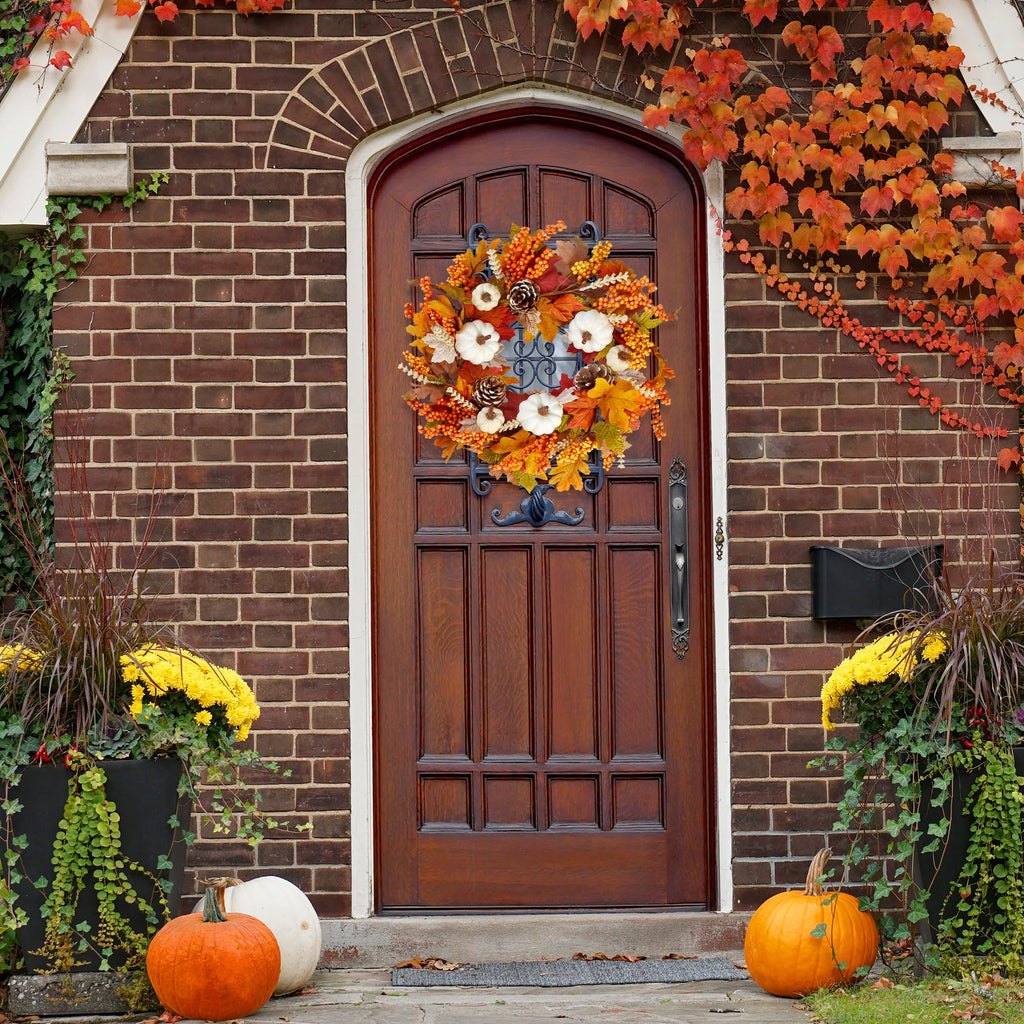 Fall Wreath 20'' Autumn Front Door Wreath Harvest Wreath with White Pumpkins Berries Maple Leaves Pine Cones Grain