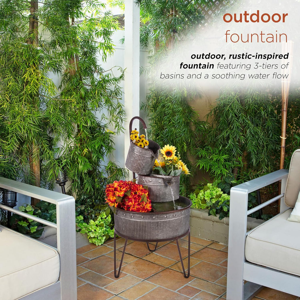 33" Outdoor Floor 3-Tier Vintage Tubs and Planters Fountain, Rustic Metal Cascading Waterfall Feature for Gardens
