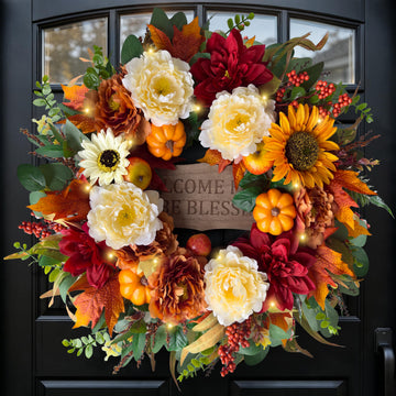 26'' Fall Wreath for Front Door with Light and Timer, Thanksgiving