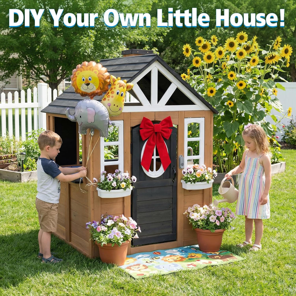 Kids Outdoor Playhouse, 9-in-1 Cedar Wooden Playhouse with Kitchen Set, Snack Bar, Dog Door, Working Doorbell, Toy