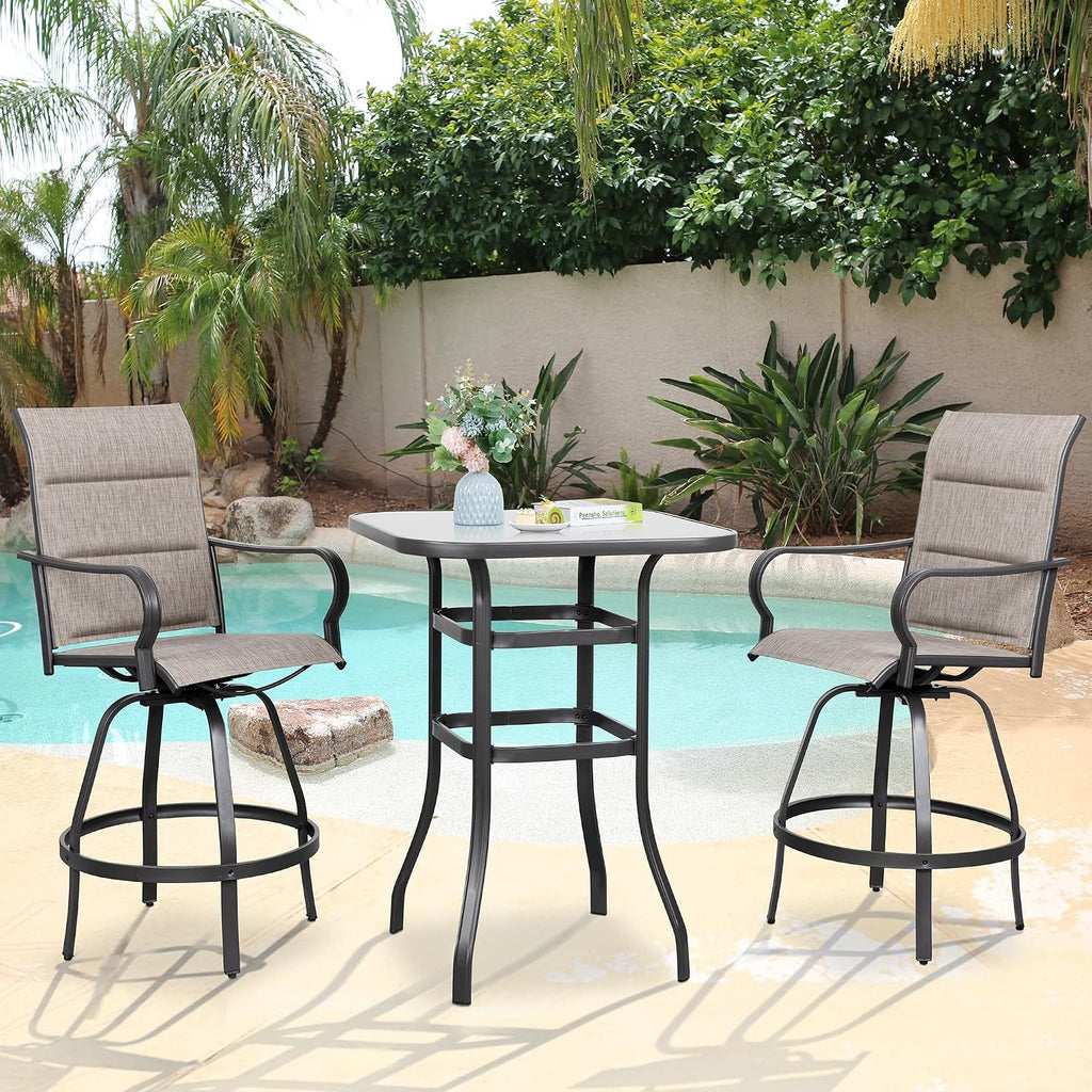 3 Piece Patio Swivel Bar Set, All Weather Mental Textilene High Swivel Bar Stools Chair Set of 2 and Glass Bar Table
