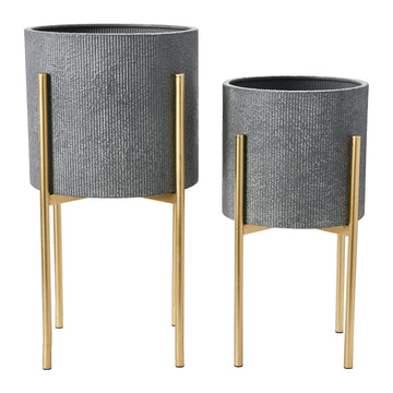 Modern Boho Embossed Metal Planters with Stands, Charcoal Grey and Gold, Set of 2 Sizes