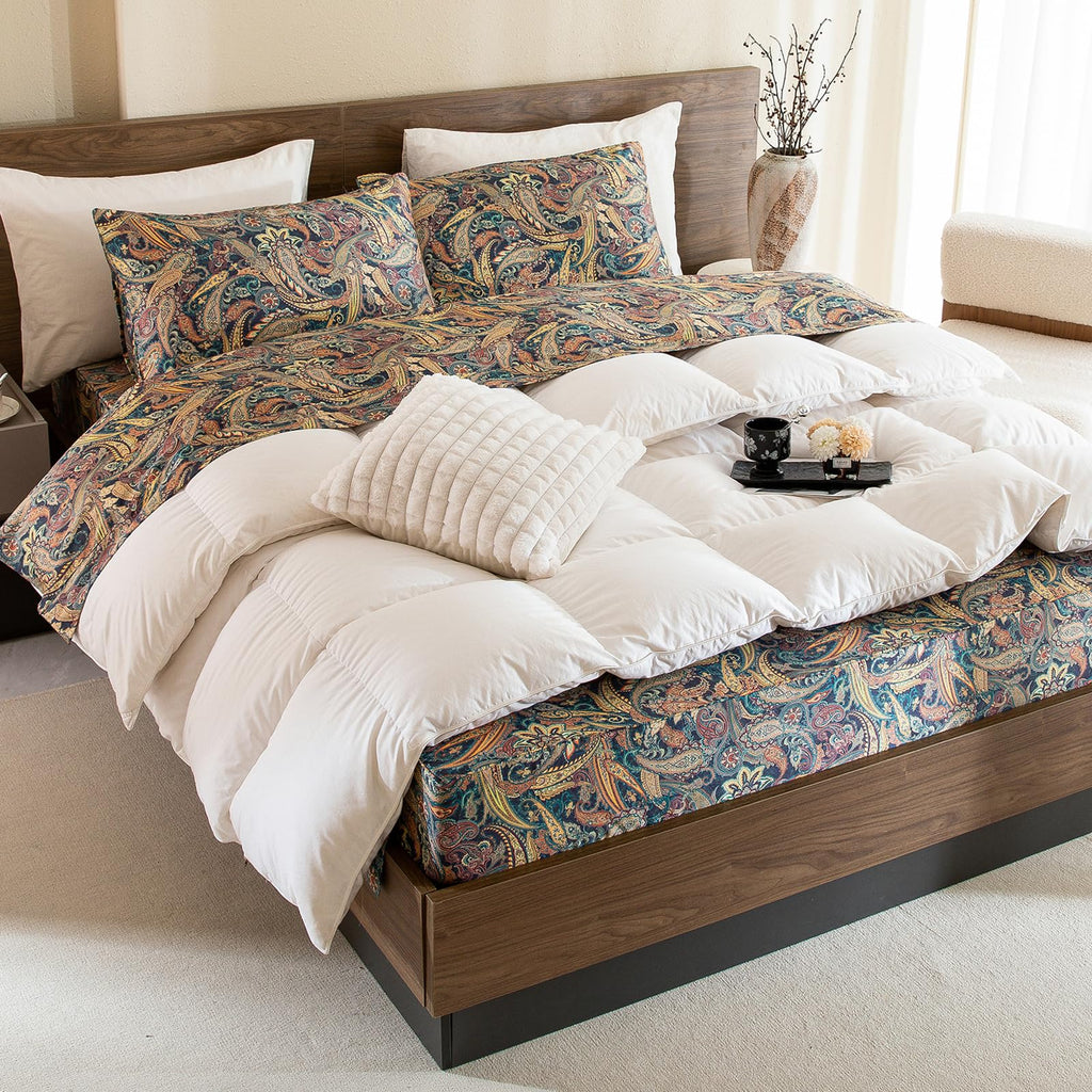 Boho Bed Sheets Queen Size - 100% Egyptian Cotton Sheets Elegant Paisley Flower Pattern Printed Bedding Sheets Queen