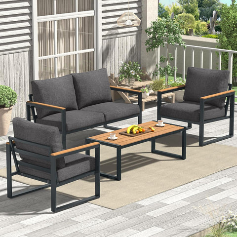 4-Piece Metal Outdoor Patio Furniture Set - Conversation | Grey for Patio, Garden & Porch
