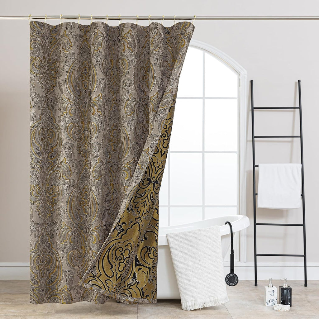 Textured Fabric Shower Curtain Set Damask Design, Taupe+Gold | Include 12 Metal Hooks, Royal Jacquard Bathroom Shower