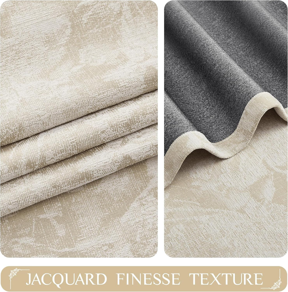 Beige Floral Jacquard Blackout Curtains 52x63 2 Panels