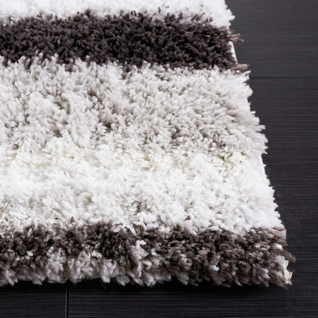 Berber Shag Collection Area Rug - 7' Square, Light Grey & Dark Grey, Stripe Design, Non-Shedding & Easy Care