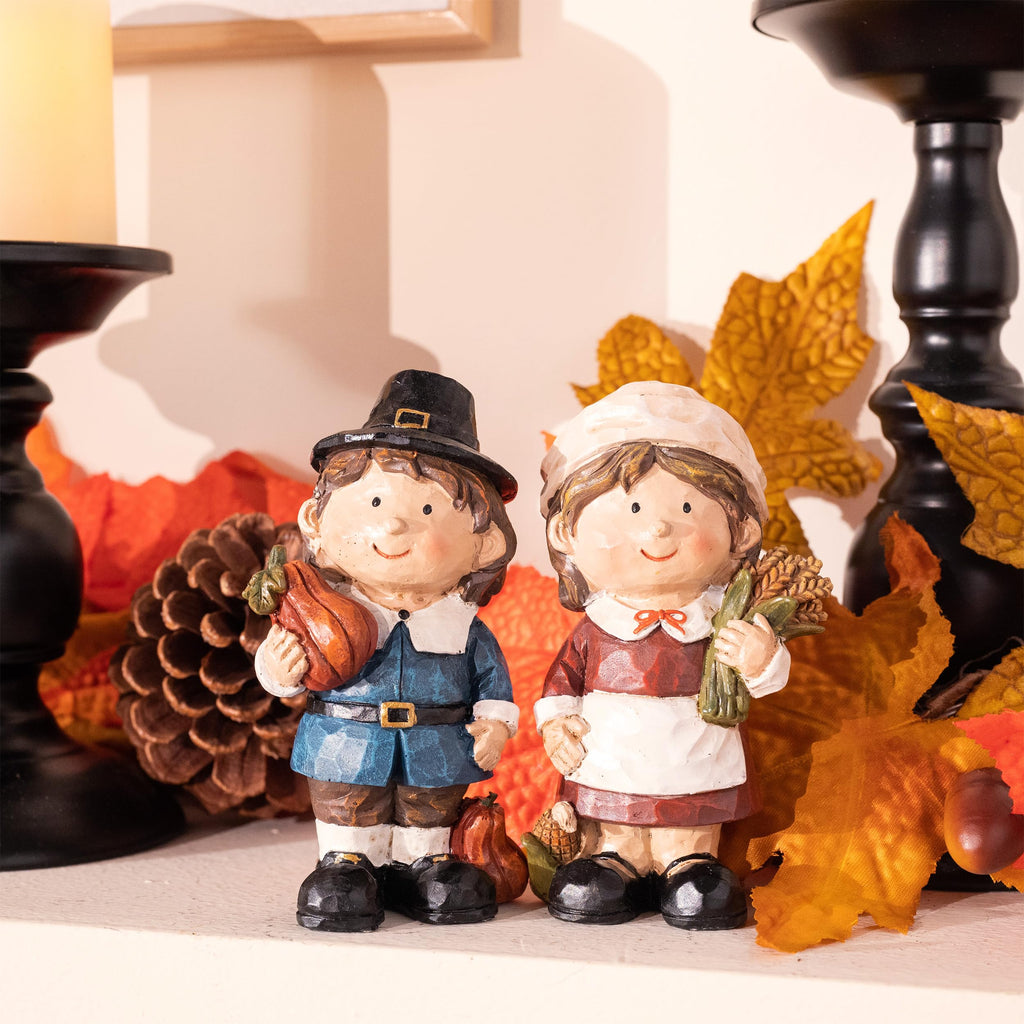 Fall Decorations, 2 Pcs Fall Decor for Table Indoor Outdoor, Resin Thanksgiving Decorations Garden Pumpkins Pilgrim
