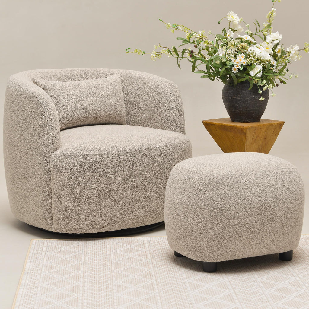 34" Wide 2 Boucle Swivel Barrel Chairs and 2 Ottomans Set, Taupe