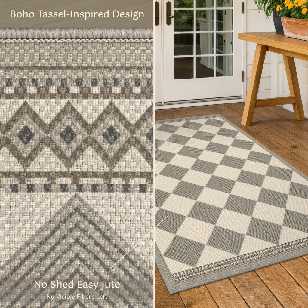 Diamond Corner Easy Jute Rug 4x6, Large Checkered Farmhouse Indoor Outdoor Patio Carpet for Backyard, Porch Decor
