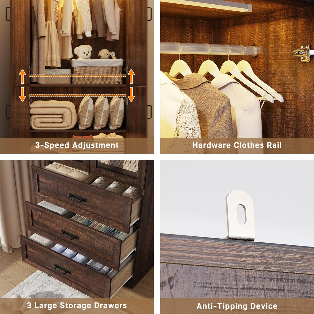 75" Tall Farmhouse 6 Doors Armoire Wardrobe Closet with 3 Drawers and LED, Freestanding Closet Wardrobe Cabinet with