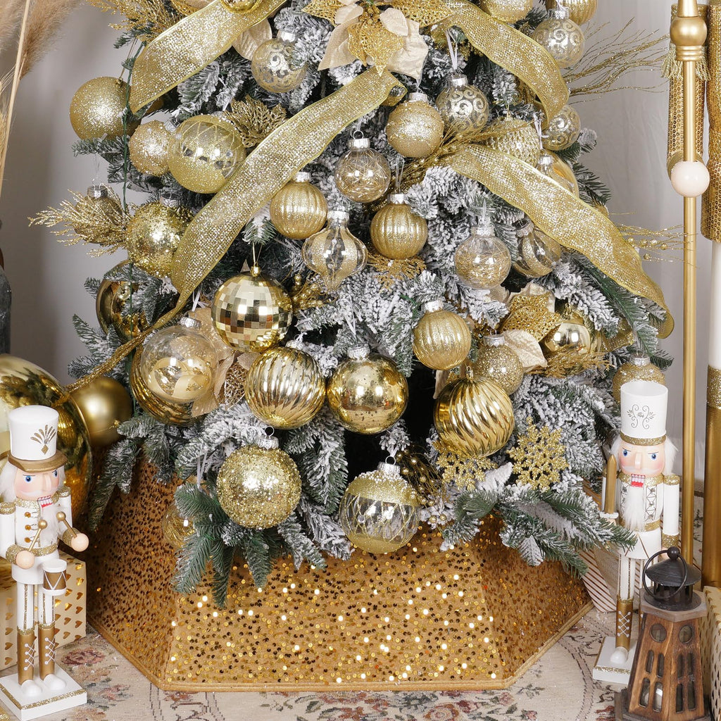 Christmas Tree Collar, 33.5 inch Sequin Tree Skirt Stand Base Cover Decor, Large Size 6 Piece Gold