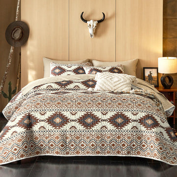 Quilt Set, Southwestern Aztec Country Style with Rustic Ranch Vibe, Reversible Lightweight Bedspread Coverlet, 3