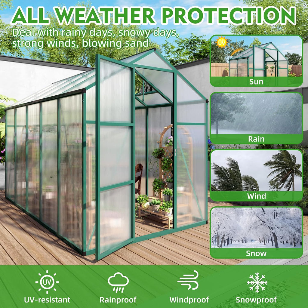 6x10 FT Outdoor Greenhouse, Large Aluminum Greenhouses with Roof Vent, Polycarbonate Greenhouse Raised Base and