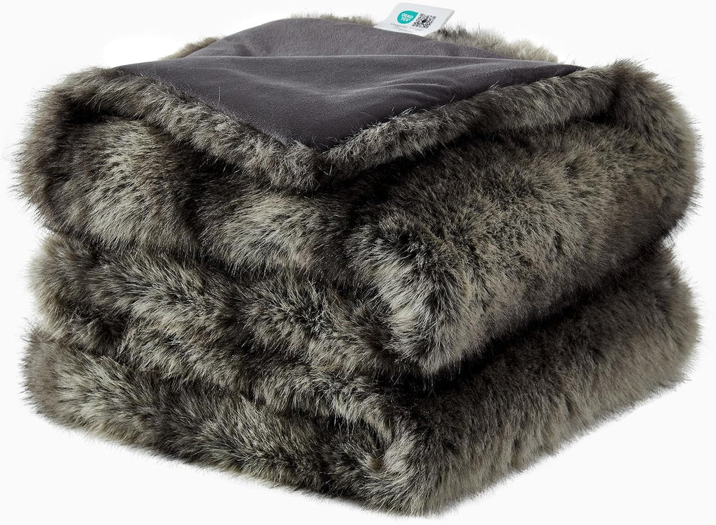 High-end Premium Fuzzy Faux Wolf Fur Throw Blanket 50" x 60", Luxury Cozy Accent Thick Animal Skin Fluffy Fox Blanket