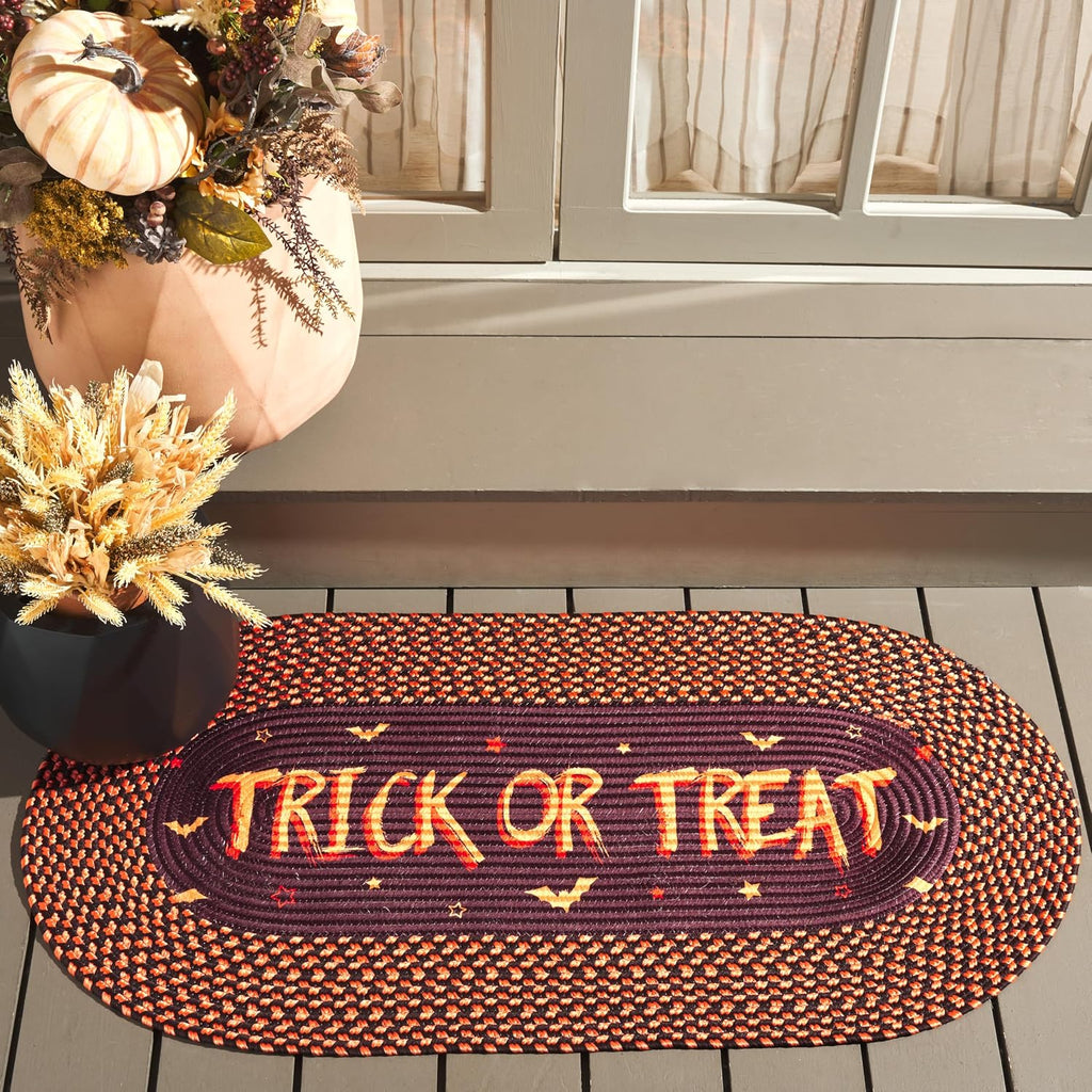 Washable Rug Braided Halloween Poster Collection - 1'8" x 4' Oval, Brown & Rust, Handmade, Ideal for Front Door