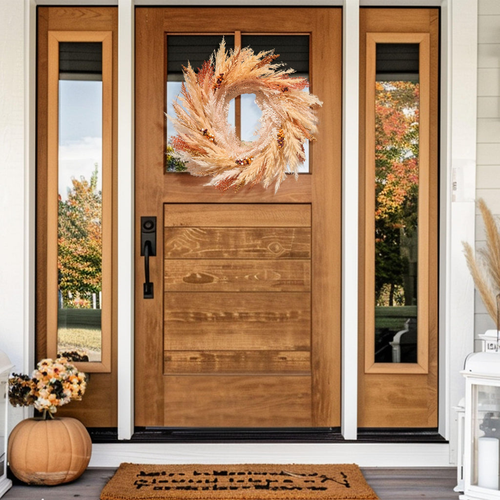 24'' Neutral Fall Pampas Wreath with Lights for Front Door