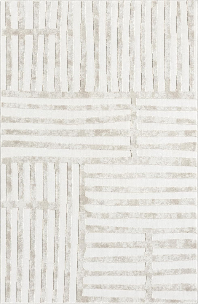 Beige Area Rug - - Living Room & Bedroom - Abstract Stripe Design - Indoor Use - Easy to Clean, Stain