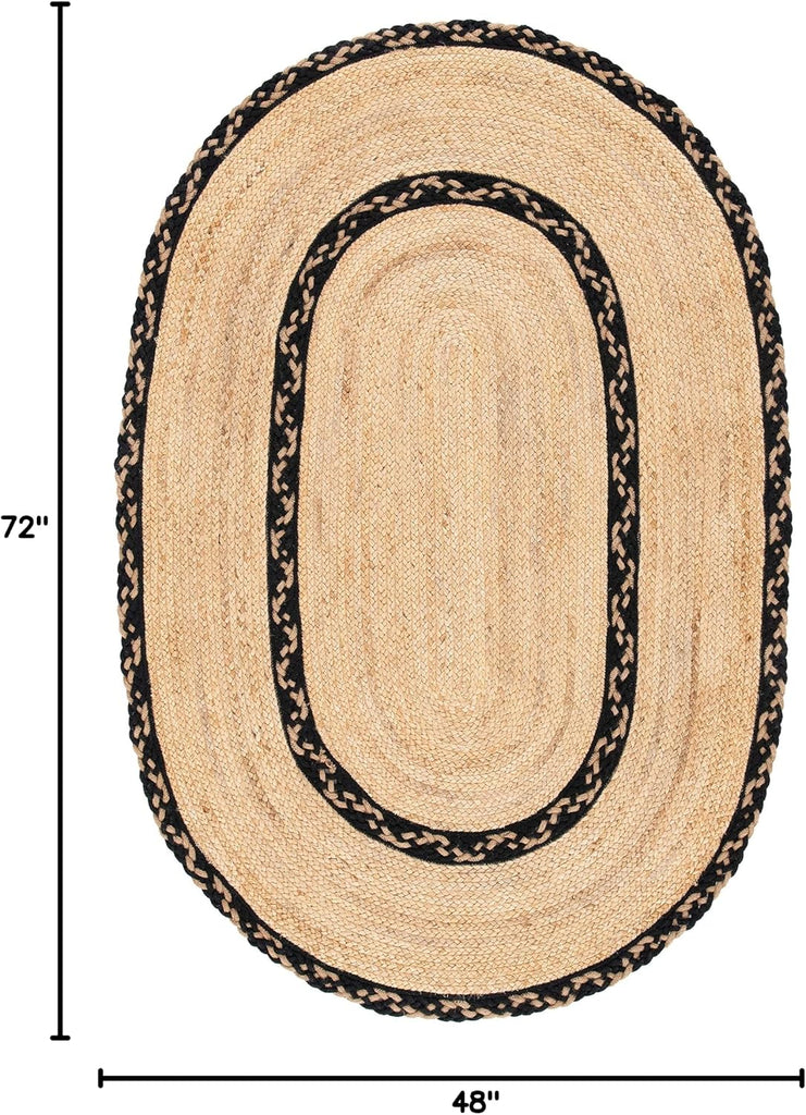 Natural Fiber Collection Area Rug - 4' x 6' Oval, Natural & Black, Handmade Jute, Ideal for High Traffic Areas