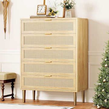 Rattan Dresser with 5 Drawers,44" Tall Chest of Drawers | Narrow Wooden Vertical Dresser With Metal Legs And Handles